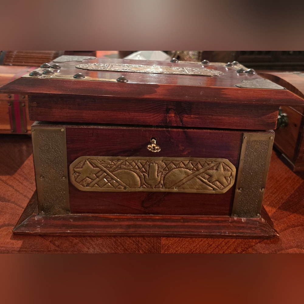 Handmade Vintage Embossed Brass And Wood Jewelry Box
